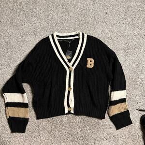 Letterman Sweater Patched Cardigan Oversized Black White Size L NEW